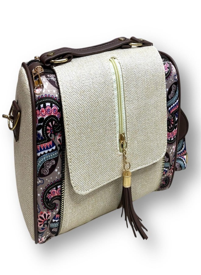 SHIVKARI Jacquard Chain Flap Duffle Stylish Textured Sling Bag Women Ladies Purse for Women & Girls - Beige Line - Image 3